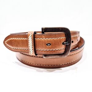 COLE HAAN Mens Size 40 Leather Belt Cognac Tan Contrast Stitching Brass Buckle